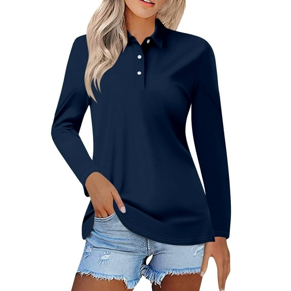 TODOZO Clearance Sale!! Women's Polo Shirts Cotton 3-Button Long Sleeve Collared Tops Summer Cool Shirt Uniform Casual Shirts Women's Short Sleeved Slim Casual Fashion Top Black L