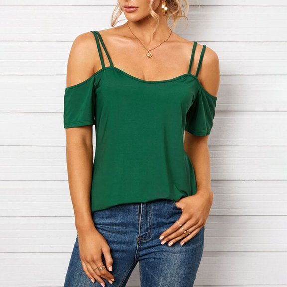 TODOZO Cold Shoulder Tops for Women Beach Vacation T Shirts Fashion Outfits Summer Tops for Women 2025 Womens Summer Cold Shoulder Tops Back Short Sleeve V Neck T Shirts Casual Green L