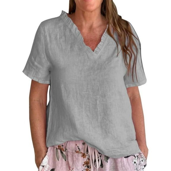 TODOZO Cotton Linen Shirt for Women Loose Fit 2025 Trendy Women's Solid Color Casual Cotton and Linen Ruffled V Neck Shirt,Women's Solid Color Casual Cotton and Linen Ruffled V Neck Tee Grey 3Xl