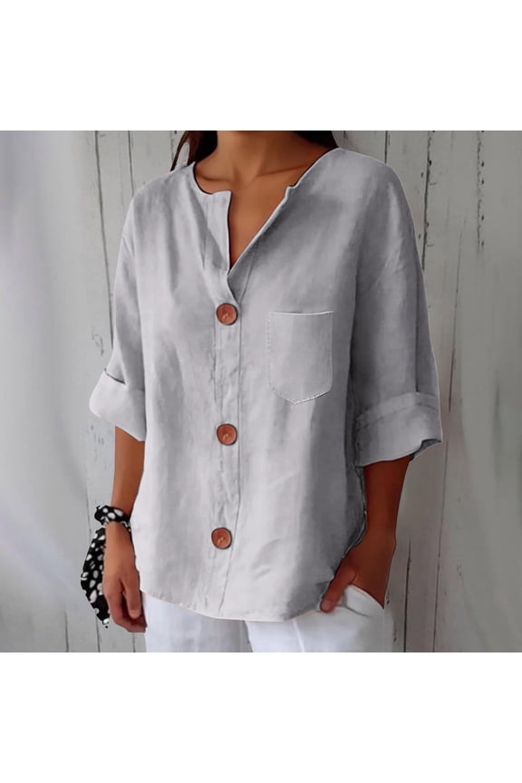 Cotton Linen Shirts for Women 2025 Summer 3/4 Roll-Up Sleeve V Neck Button Down Tops Dressy Casual Oversized Tshirts Linen Tops for Women Loose Fit Gauze Work Blouses Solid Tunic Tops