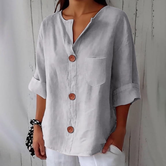 TODOZO Cotton Linen Shirts for Women 2025 Summer 3/4 Roll-Up Sleeve V Neck Button Down Tops Dressy Casual Oversized Tshirts Linen Tops for Women Loose Fit Gauze Work Blouses Solid Tunic Tops