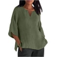 thumbnail image 1 of TODOZO Cotton Linen Shirts for Women 2025 Summer 3/4 Sleeve V Neck Oversized Dressy Casual Loose Solid Tunic Tops Classic-Fit Breathable Shirts Comfy Vacation Outfits Workout Clothes Army Green L, 1 of 5