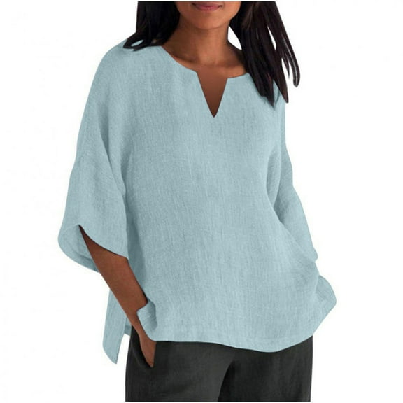 TODOZO Cotton Linen Shirts for Women 2025 Summer 3/4 Sleeve V Neck Oversized Dressy Casual Loose Solid Tunic Tops Classic-Fit Breathable Shirts Comfy Vacation Outfits Workout Clothes Light Blue S