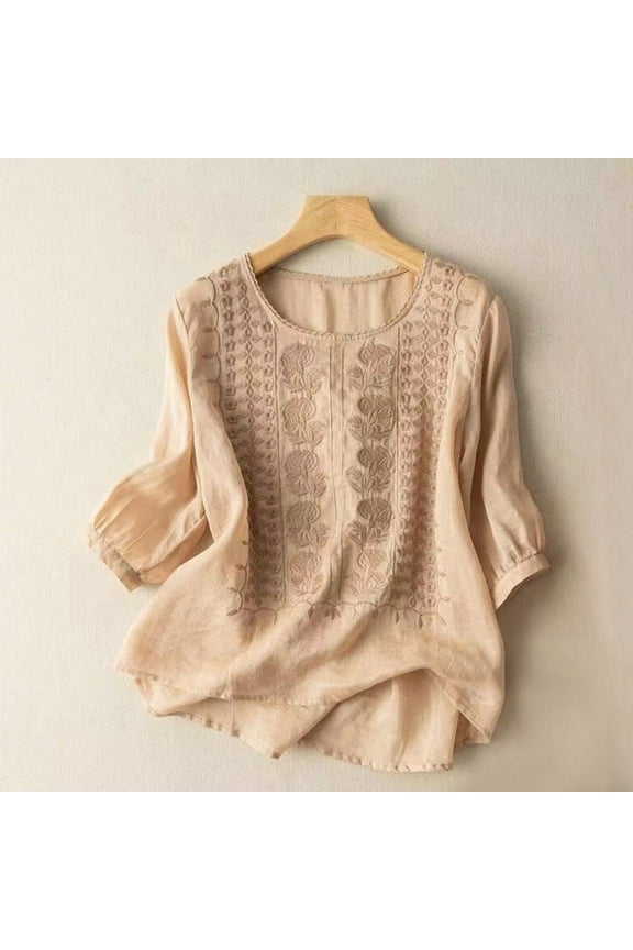 Cotton Linen Shirts for Women Bohemian Tops Cotton Linen Tops Peasant Tops Summer Tshirts Soft Floral Top Loose Tunics Top Elbow Sleeve 3/4 Length Sleeve Womens Tops Summer Tops for Women Xl