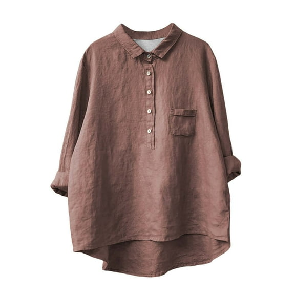 TODOZO Cotton Linen Shirts for Women Button Down Shirt Cotton Short Sleeve Loose Fit Blouse Collared Casual Work Tops Summer Dressy Oversized Tshirts Shirts for Women Trendy Summer Brown 5Xl