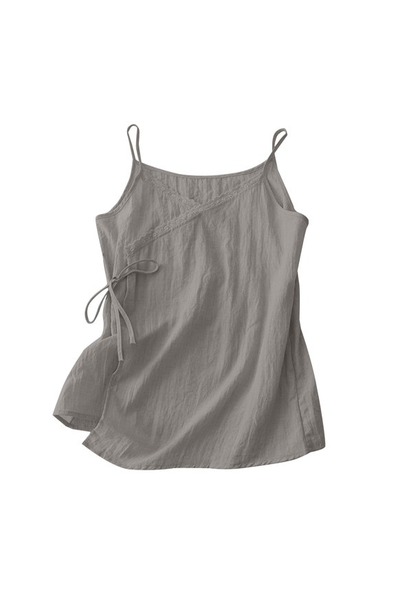 Cotton Linen Tank Top Women Wrap V Neck Tie Side Sleeveless Cami Shirts Spaghetti Strap Gauzy Camisoles Going Out Top Grey L