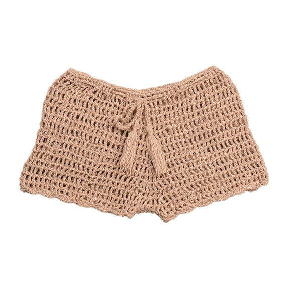 TODOZO Crochet Swimsuit Coverup for Women Shorts Women's Solid Color Casual Strap Hollow Woven Beach Swimming Shorts Swim Board Shorts Hollow Out Cover Up Shorts Khaki M
