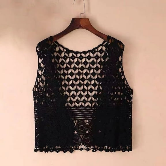 TODOZO Crochet Vest Cardigan V-Neck Sleeveless Boho Vest Hollow Out Cardigan Summer Cardigan Women's Crochet Top Lace Vest Crewneck Crochet Hollow Out Cover Up Summer Going Out Tops