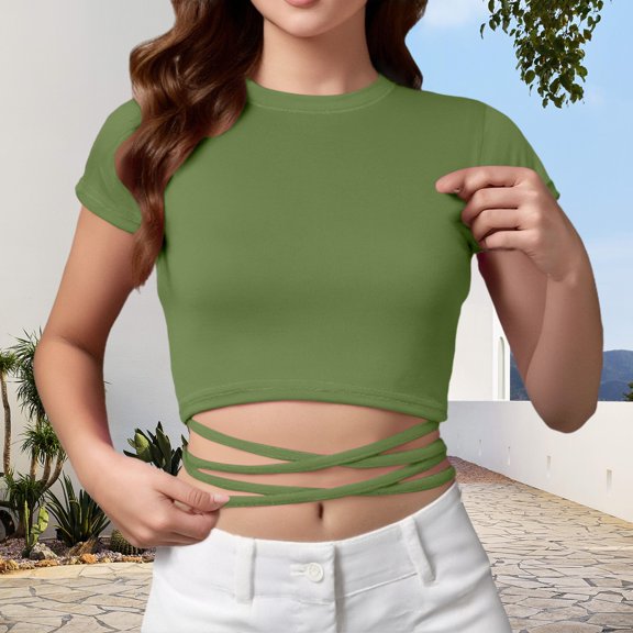 TODOZO Crop Tops for Women Trendy Summer Slim Fitted Basic Tees for Women Going Out Tops for Women Cropped Tie Front Petite Summer High Neck Short Sleeve Tops T Shirts Work Out Outfits Camouflage Xs