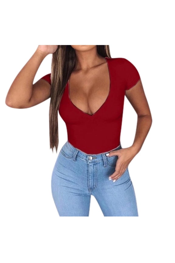 Deep V Neck Tops for Women Low Cut Summer T Shirts Slim Fit Stretchy Basic Fashion Tee Short Sleeve Blouses for Women Going Out Tops for Women 2025 Shirts for Women Trendy Summer Red S
