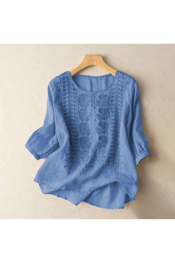 Embroidered Boho Tops for Women Dressy Casual Blouses Summer Gauze Shirts Retro Embroidered 3/4 Sleeve Boho Tops Solid Color Pullover Shirts Travel Vacation Bohemian Tops Loose Tunics Top M