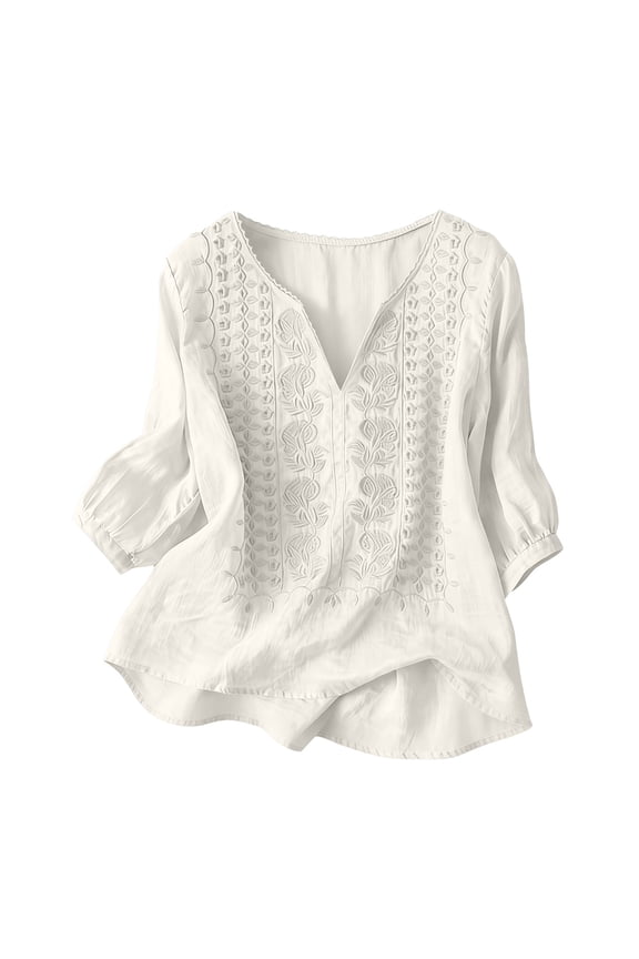 Embroidered Tops for Women Peasant Tops Solid Color Pullover Shirts Vacation Beach Solid Blouses Retro Embroidered 3/4 Sleeve Boho Tops 3/4 Length Sleeve Shirts Summer Gauze Shirts Xl