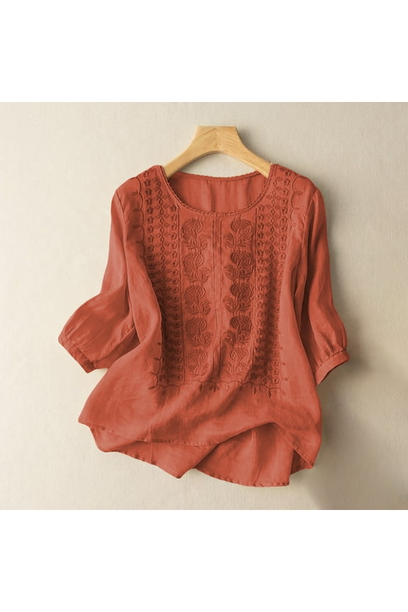 Embroidered Tops for Women Vacation Beach Solid Blouses Loose Fit Blouses Retro Embroidered 3/4 Sleeve Boho Tops Bohemian Tops Cotton Linen Tops 3/4 Length Sleeve Shirts Peasant Tops Xxl