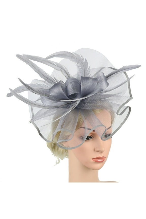 Fascinators Hat Flower Mesh Ribbons Feathers On A Headband and A Clip Tea Party Headwear for Girls and Women Women's Elegant Hat Strap Flower Feather Hat Hair Clip Headband Accessory Grey