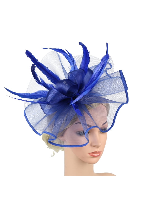 Fascinators Hat Flower Mesh Ribbons Feathers On A Headband and A Clip Tea Party Headwear for Girls and Women Women's Elegant Hat Strap Flower Feather Hat Hair Clip Headband Accessory Blue