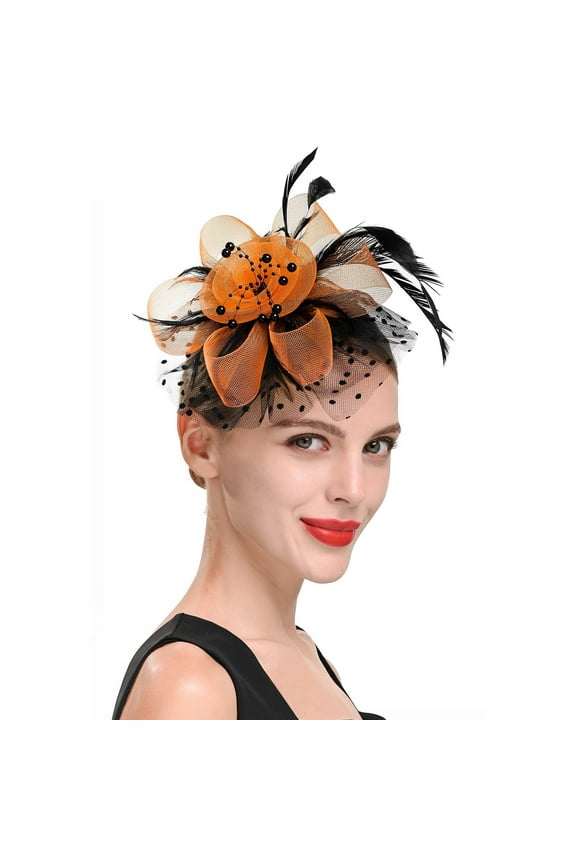 Fascinators Hats for Tea Party Women Girls Flower Feathers Mesh Hat for Cocktail Party Church Wedding Hat for Women Wedding Flower Mesh Feathers Hair Clip Tea Party Headband Gold One Size