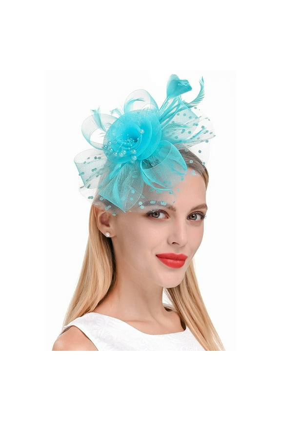 Fascinators Tea Party Hat for Women - Kentucky Church Derby Hats Flower Mesh Feather Headband for Ladies Girls Hat for Feather Tea Party Bridal Wedding Mesh Flower Headband Hair Clip Blue