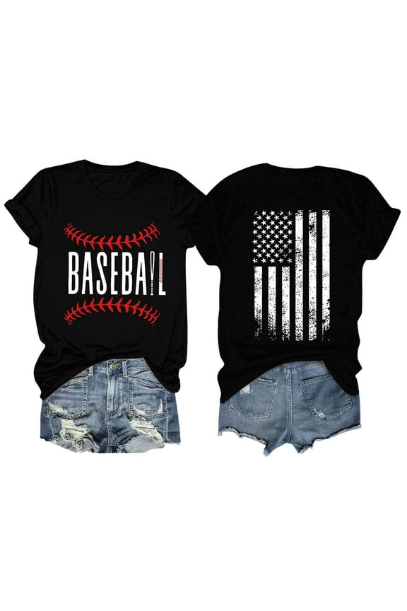 Hot Sale!! Baseball Shirt for Women Baseball Mom Shirt Baseball Letter Graphic Tee Game Day Short Sleeve Tops American Flag Shirts for Women Black L