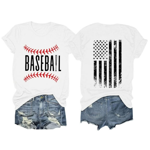 TODOZO Hot Sale!! Baseball Shirt for Women Baseball Mom Shirt Baseball Letter Graphic Tee Game Day Short Sleeve Tops American Flag Shirts for Women White S