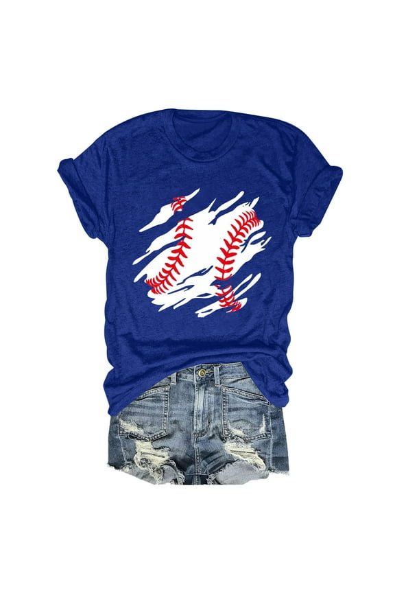 Hot Sale!! Baseball Shirts Women Baseball Mom Tshirt Baseball Graphic Tee Game Day Gifts Funny Short Sleeve Tops Blue L