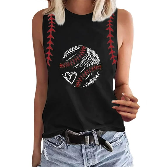 TODOZO Hot Sale!! Baseball Tank Tops Women Baseball Print Shirt Funny Play Ball Tank Casual Sleeveless Vest Summer Graphic Tee Top Black L