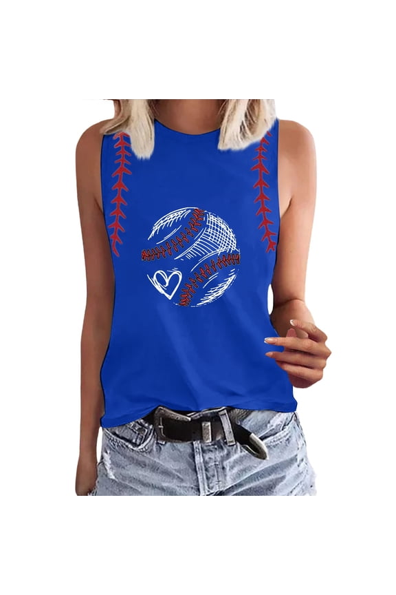 Hot Sale!! Baseball Tank Tops Women Baseball Print Shirt Funny Play Ball Tank Casual Sleeveless Vest Summer Graphic Tee Top Blue S