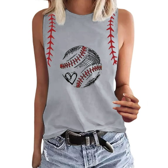 TODOZO Hot Sale!! Baseball Tank Tops Women Baseball Print Shirt Funny Play Ball Tank Casual Sleeveless Vest Summer Graphic Tee Top Grey 3Xl