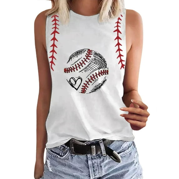TODOZO Hot Sale!! Baseball Tank Tops Women Baseball Print Shirt Funny Play Ball Tank Casual Sleeveless Vest Summer Graphic Tee Top White Xl