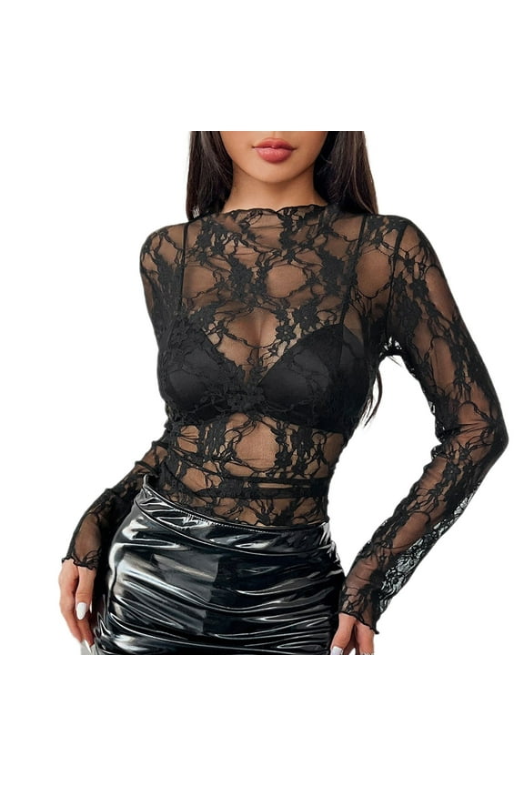 Hot Sale!! Women's Mesh Top Long Sleeve Mock Neck Sheer Blouse See Through Floral Lace Tops Black Xl