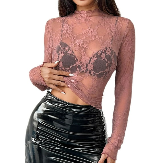 TODOZO Hot Sale!! Women's Mesh Top Long Sleeve Mock Neck Sheer Blouse See Through Floral Lace Tops Pink Xl