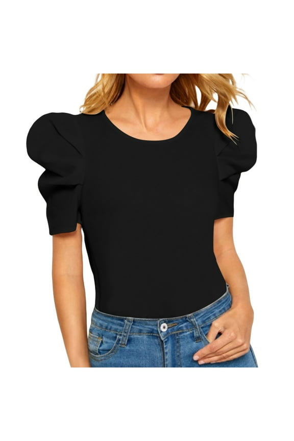 Hot Sale!! Women's Round Neck Short Puff Sleeve Solid Slim Fit T Shirt Blouse Black Xxl