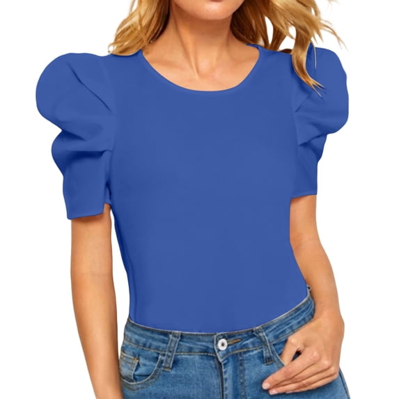 TODOZO Hot Sale!! Women's Round Neck Short Puff Sleeve Solid Slim Fit T Shirt Blouse Dark Blue Xs