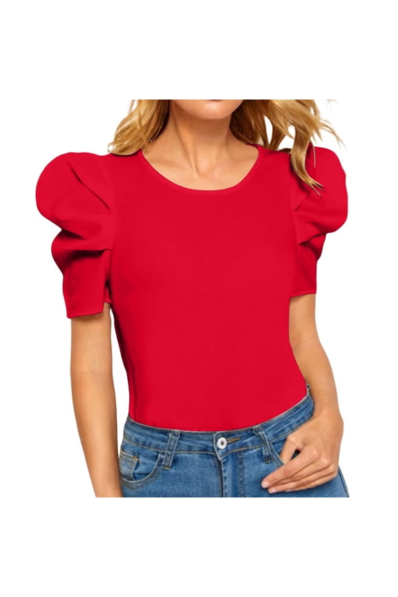 Hot Sale!! Women's Round Neck Short Puff Sleeve Solid Slim Fit T Shirt Blouse Red Xs