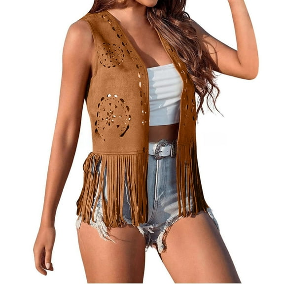 TODOZO Hot Sale!! Women's Tassel Vest 70S Hippie Faux Suede Cowgirl Western Jacket Open Front Fringe Vest Boho Hollow Out Cardigan Vest Brown Xxl