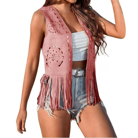 TODOZO Hot Sale!! Women's Tassel Vest 70S Hippie Faux Suede Cowgirl Western Jacket Open Front Fringe Vest Boho Hollow Out Cardigan Vest Pink S