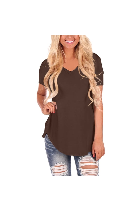 Hot Sale!! Women's Tops V-Neck Short Sleeve Tshirts Tees Casual Summer Top Casual Fashion Basic Tees Curved Hem Tops Brown Xxl