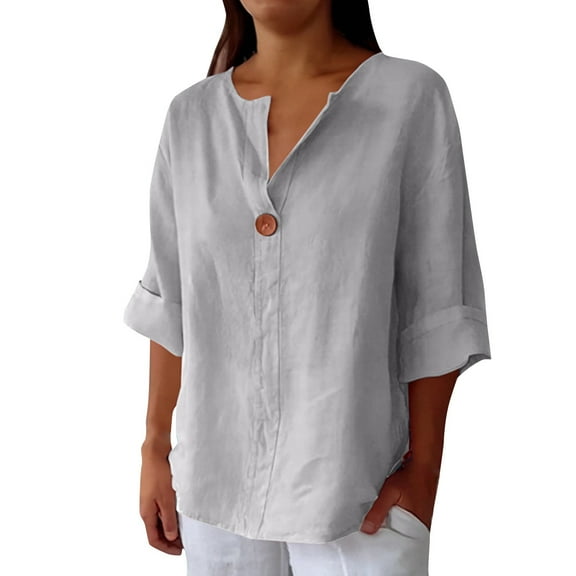 TODOZO Hot Sale!! Womens Button Down Shirt 2025 Summer Casual 3/4 Sleeve Solid Color Shirts Loose Work Tops Grey 3Xl