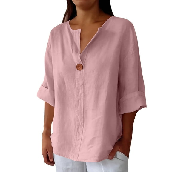 TODOZO Hot Sale!! Womens Button Down Shirt 2025 Summer Casual 3/4 Sleeve Solid Color Shirts Loose Work Tops Pink 4Xl