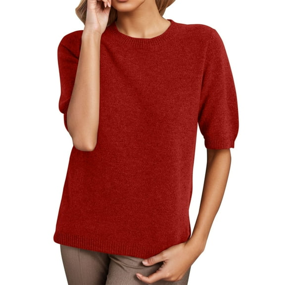 TODOZO Knit Tops for Women Womens Short Sleeve Sweater Spring Summer 2025 Round Neck Solid Color Pullover Short Sleeve Knit Sweater Vest Tops Shirts for Women Trendy Summer Red M