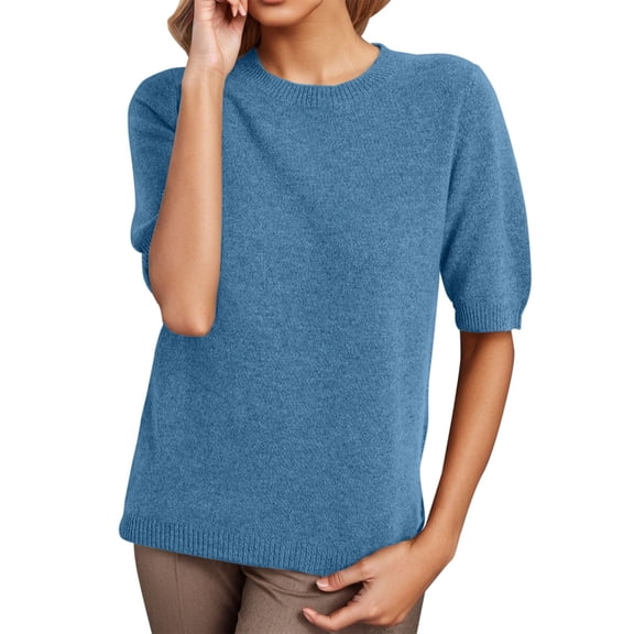 TODOZO Knit Tops for Women Womens Short Sleeve Sweater Spring Summer 2025 Round Neck Solid Color Pullover Short Sleeve Knit Sweater Vest Tops Shirts for Women Trendy Summer Blue S