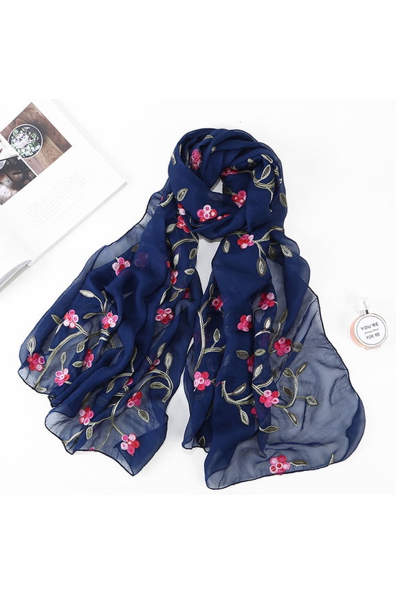 Lightweight Scarves for Women Elegant Floral Pattern Scarf Shawls Sunscreen Head Shawls Headband Embroidery Scarf Chiffon Hijabs Scarf Hijab Shawls Women Wrap Muslim Scarf Navy One Size