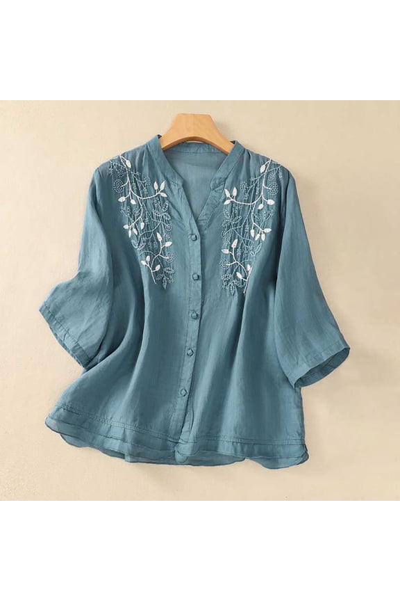Linen Blouse for Women Solid Color Pullover Shirts Retro Embroidered 3/4 Sleeve Boho Tops Summer Gauze Shirts Peasant Tops 3/4 Length Sleeve Shirts Soft Floral Top Loose Tunics Top Xxl