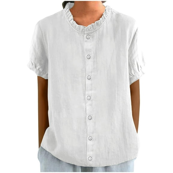 TODOZO Linen Button Down Shirt Women Casual Cotton Blouse Loose Fit Work Gauze Tops Cotton Linen Shirts for Women Short Sleeve Button Down Top Summer Casual Loose Fit Frill Trim Neck Work Blouse