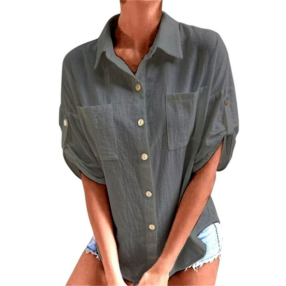 TODOZO Linen Button Down Shirt Women Casual Cotton Blouse Loose Fit Work Gauze Tops Ladies' Fashionable Casual Cotton and Linen Solid Color Button Pocket Fashionable Shirt Top