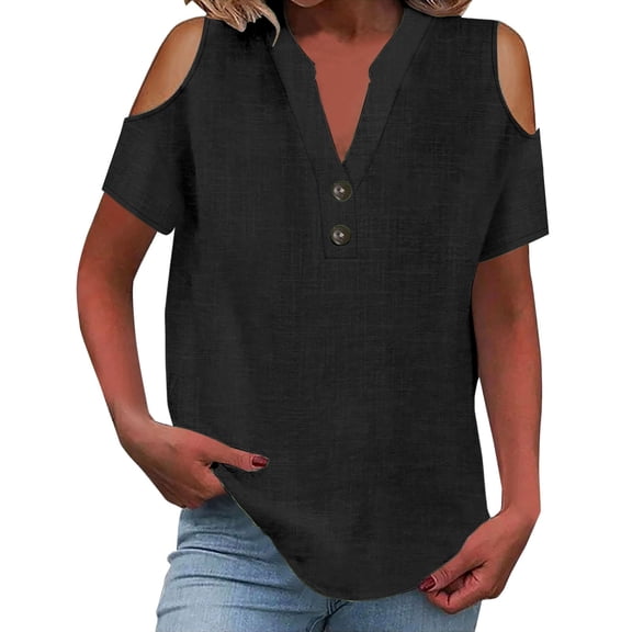 TODOZO Linen Button Down Shirt Women Casual Cotton Blouse Loose Fit Work Gauze Tops Linen Clothes for Women 2025 Women's Fashion Casual V Neck Short Sleeve Top T Shirt Black 3Xl