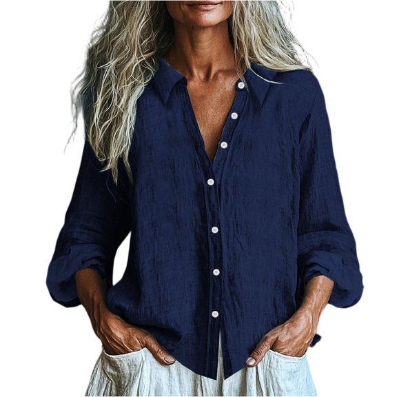 TODOZO Linen Button Down Shirt Women Casual Cotton Blouse Loose Fit Work Gauze Tops Linen Shirts for Women Summer Casual Loose Lightweight Button Down V Neck Long Sleeve Shirts