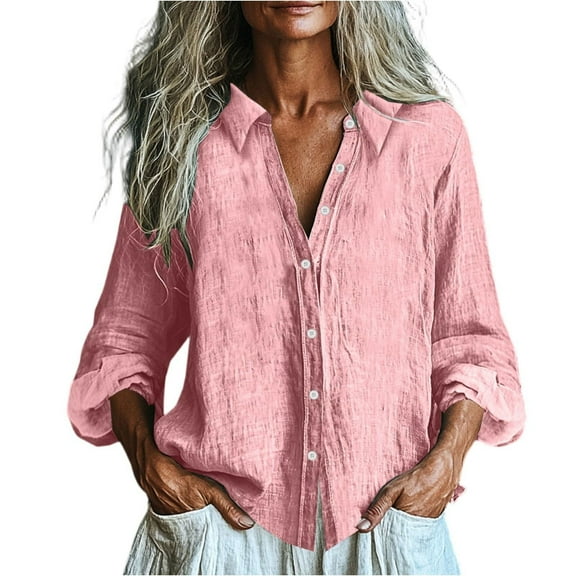TODOZO Linen Button Down Shirt Women Casual Cotton Blouse Loose Fit Work Gauze Tops Linen Shirts for Women Summer Casual Loose Lightweight Button Down V Neck Long Sleeve Shirts