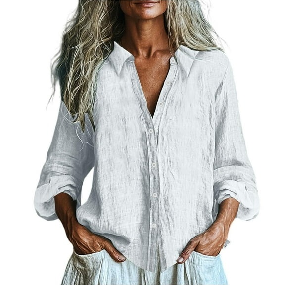 TODOZO Linen Button Down Shirt Women Casual Cotton Blouse Loose Fit Work Gauze Tops Linen Shirts for Women Summer Casual Loose Lightweight Button Down V Neck Long Sleeve Shirts