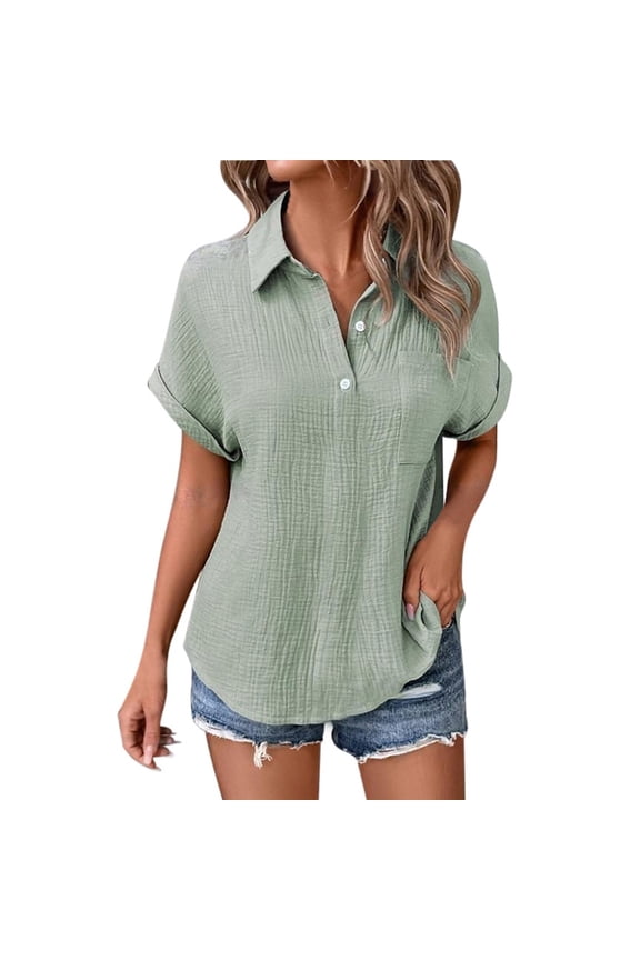 Linen Button Down Shirt Women Casual Cotton Blouse Loose Fit Work Gauze Tops Summer Shirts for Women Cotton Short Sleeve Tunic Tops Button Down Casual Blouses Plus Size Cute T Shirts 2025