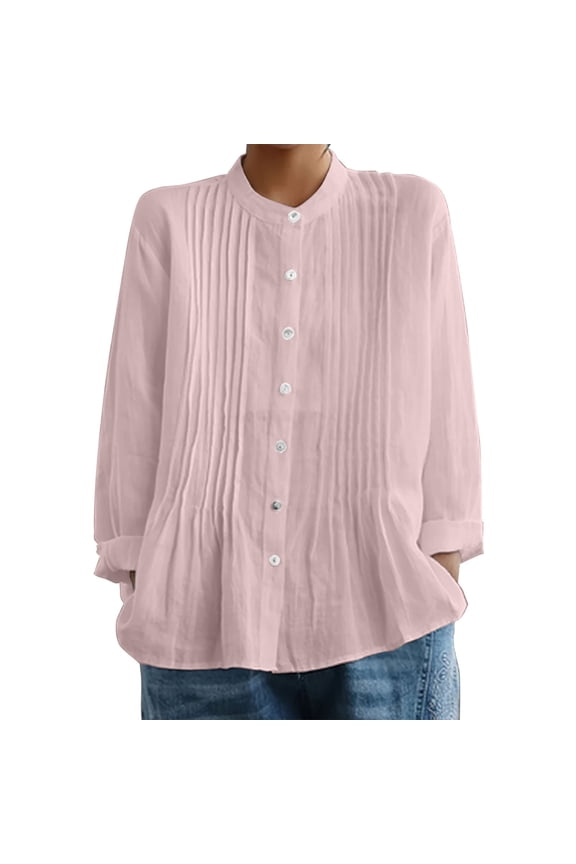 Linen Button Down Shirt Women Casual Cotton Blouse Loose Fit Work Gauze Tops Women’S Pleated Shirt with Retro Front Pleats – Soft Linen Like Fabric Easy Regular Fit Elegant Design